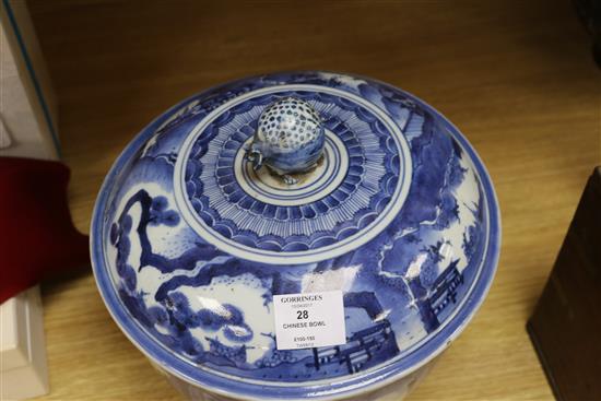 A 19th century Chinese blue and white large bowl and cover, with pomegranate finial (cover repaired)